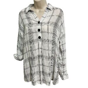 J. JILL Linen Blend Button Plaid Pullover Top Roll Tab Sleeves Womens Medium